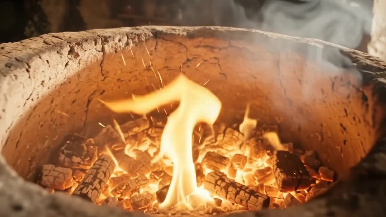 גחלים בוערות בתוך תנור חימר